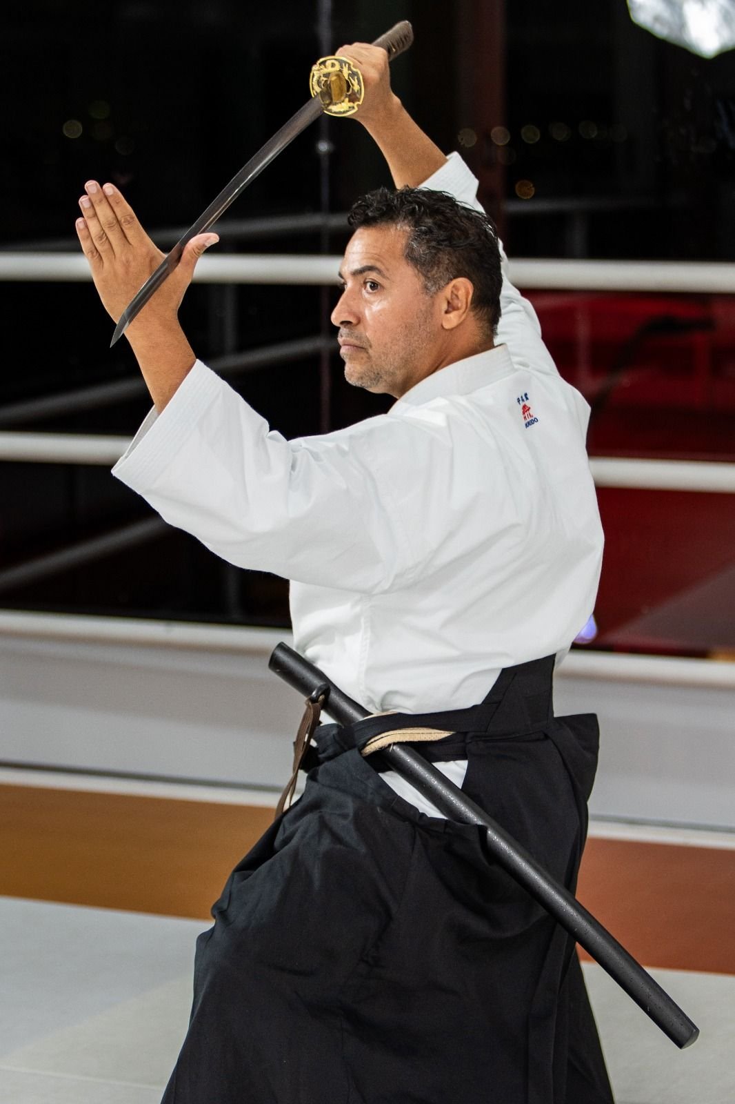 Sensei Francisco Santiago em movimento de corte com a espada