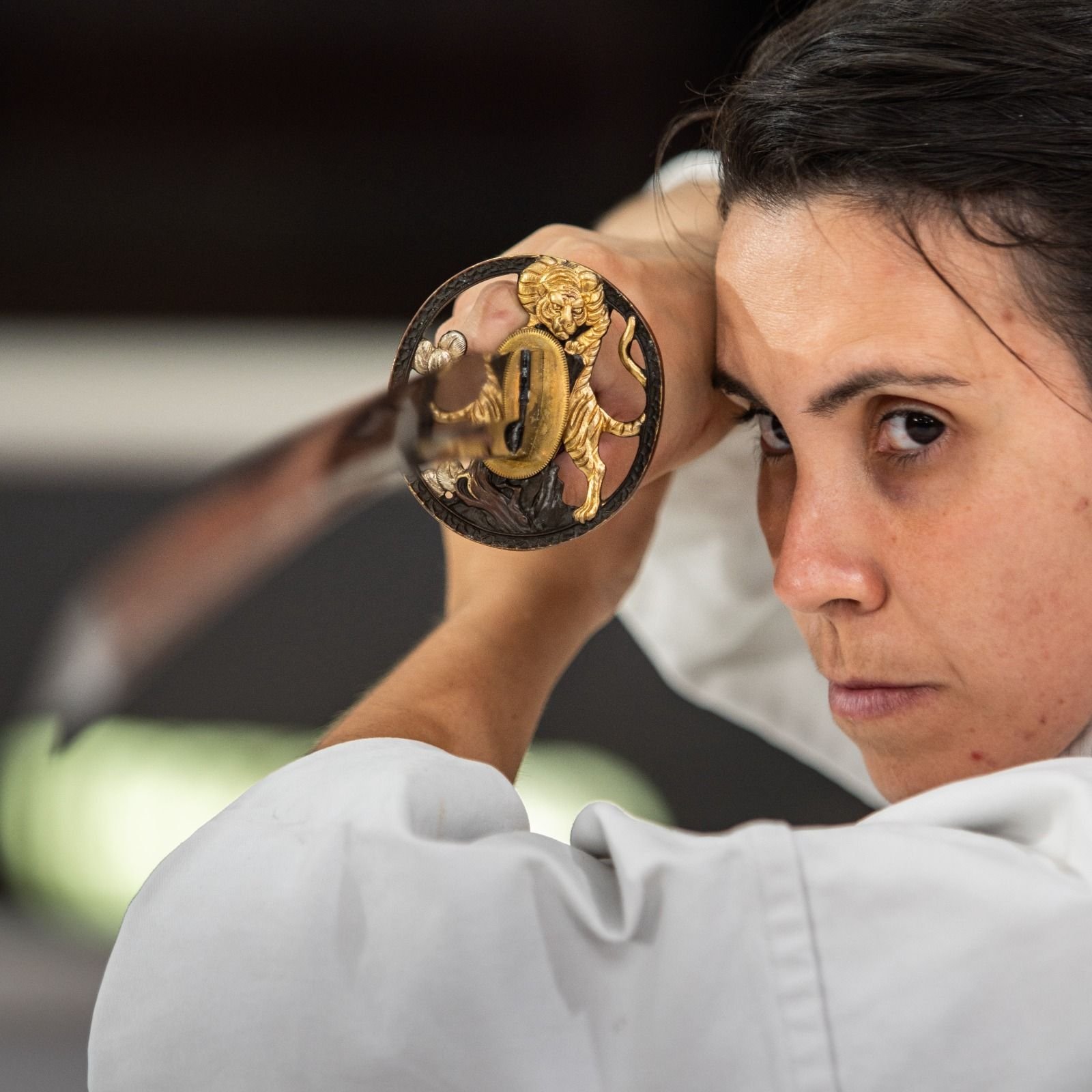 Detalhe da tsuba com um tigre dourado, diante do rosto de uma praticante