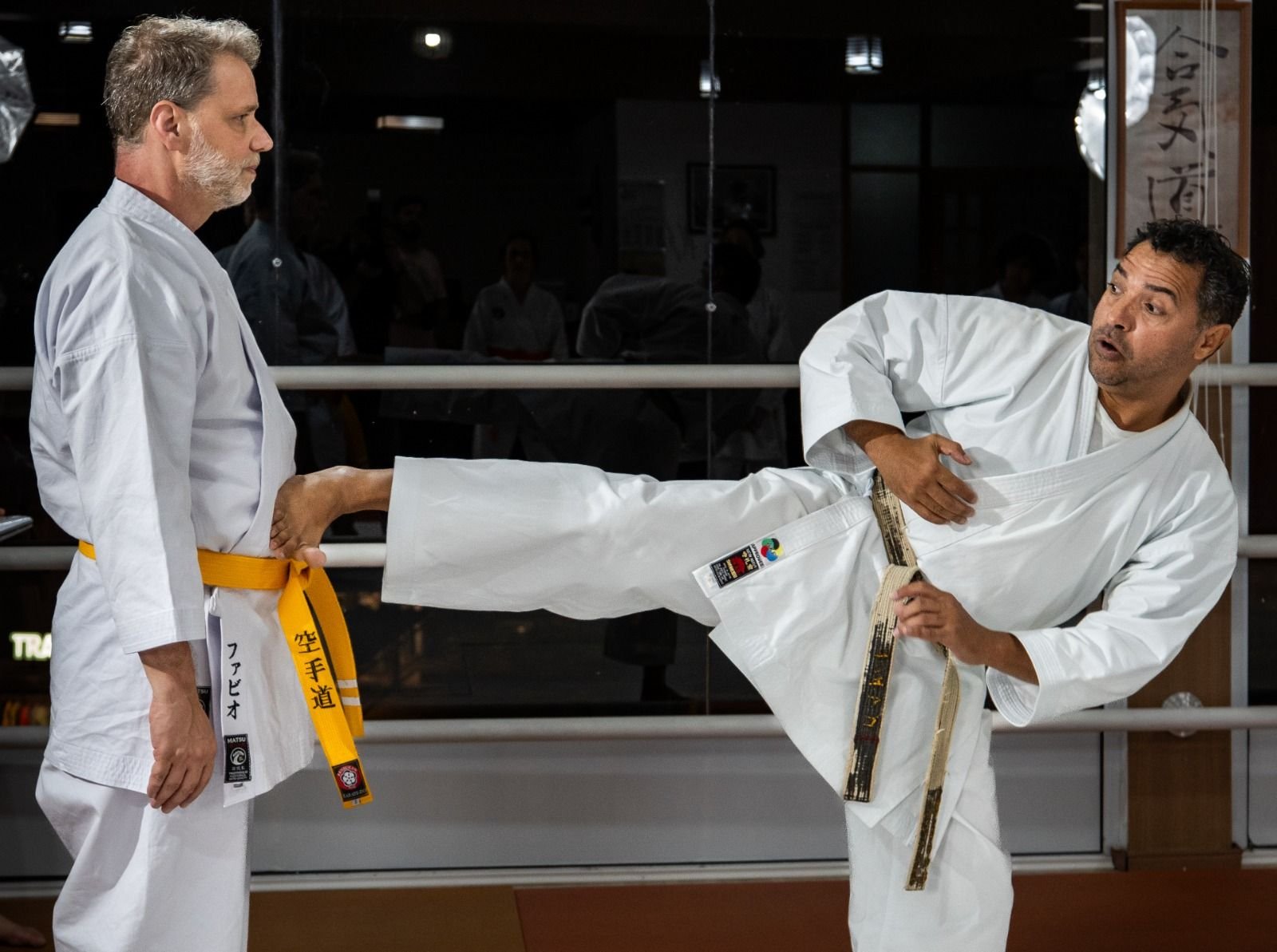 Sensei executa um movimento de kata com alunos ao fundo